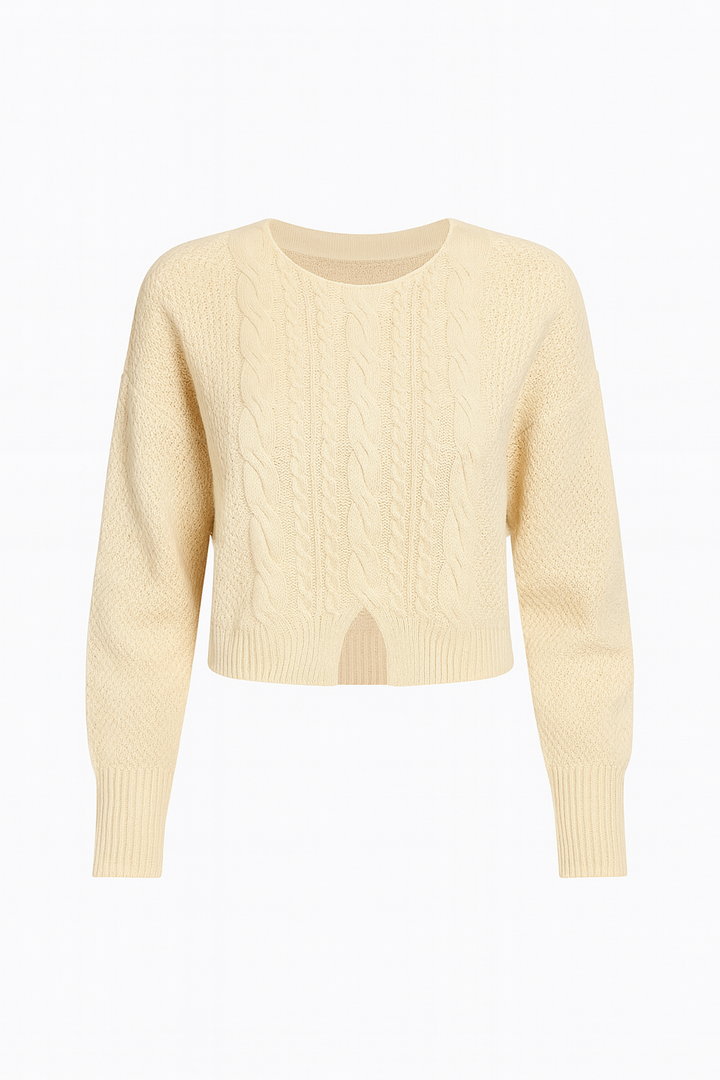 Damski Sweter z Warkoczowym Splotem | Dzianina o Krótszym Kroju | Styl Codzienny z Detalem