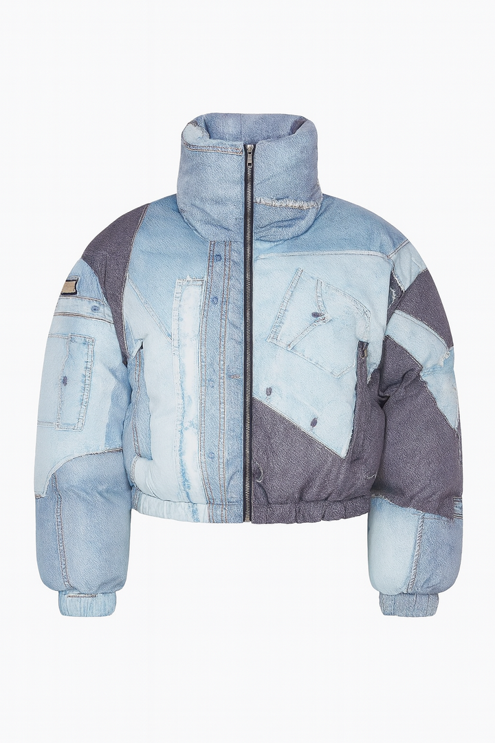 Damska Kurtka Jeansowa w Stylu Patchwork | Pikowana Puchówka | Styl Streetwear