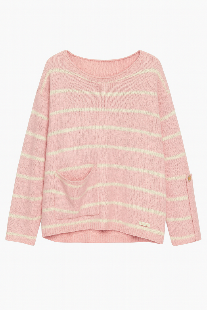 Sweter w Paski z Kieszeniami | Dzianina Oversize | Miękki i Swobodny Krój