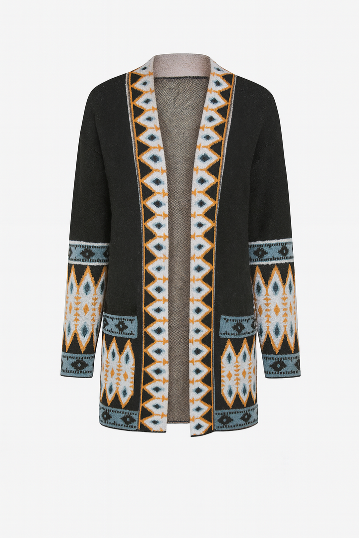 Kardigan z Etnicznym Wzorem | Dzianina Boho | Luźny i Stylowy