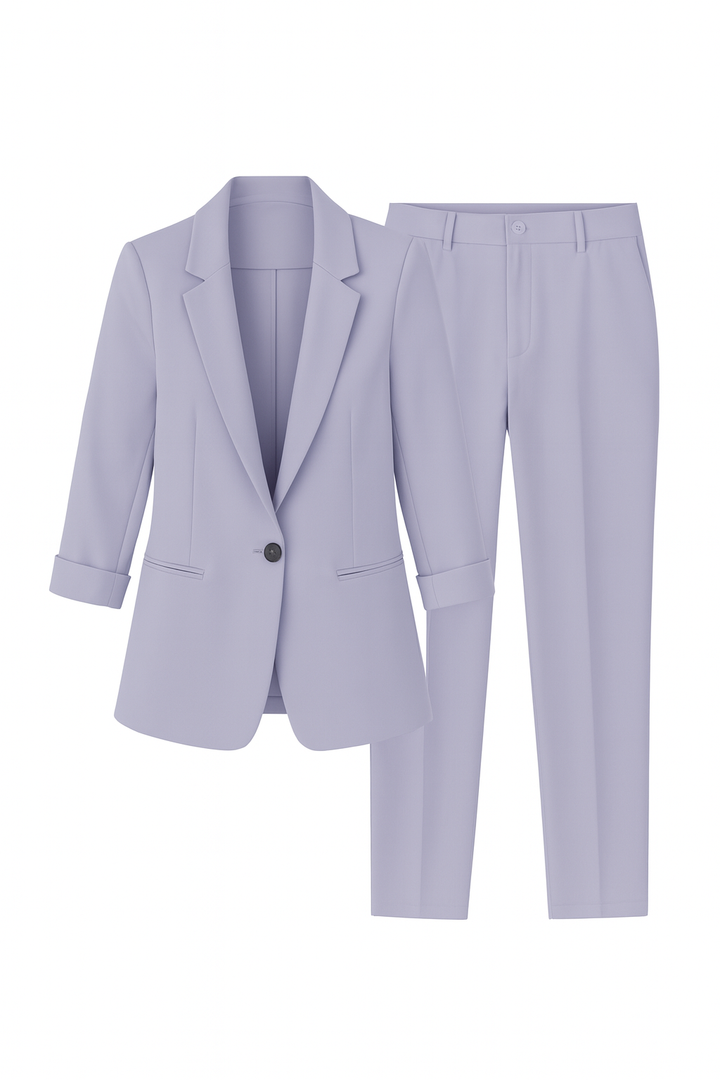Damski Garnitur Dwuczęściowy | Marynarka z Rękawem 3/4 i Spodnie w Eleganckim Kroju | Styl Biznesowy