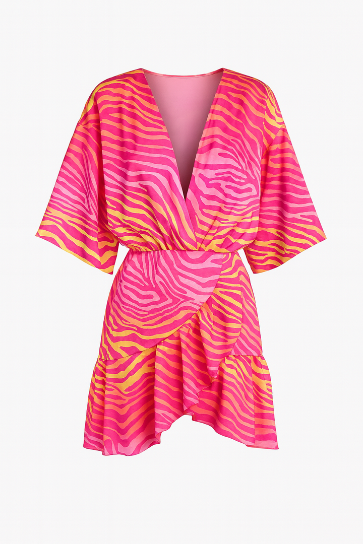 Krótka Sukienka w Kwiatowy Print | Zwiewny Materiał | Luźny Krój z Dekoltem V