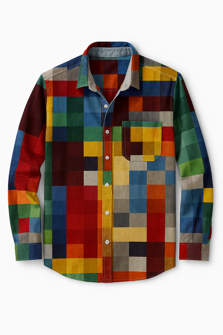 Męska Koszula w Stylu Patchwork | Luźny Krój | Bawełniana Tkanina | Artystyczny Design