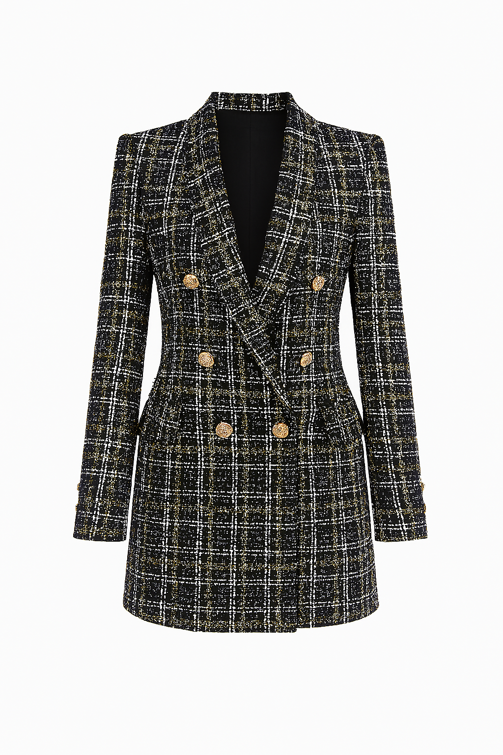 Długi Żakiet z Tkaniny Bouclé | Złote Guziki | Klasyczna Krata