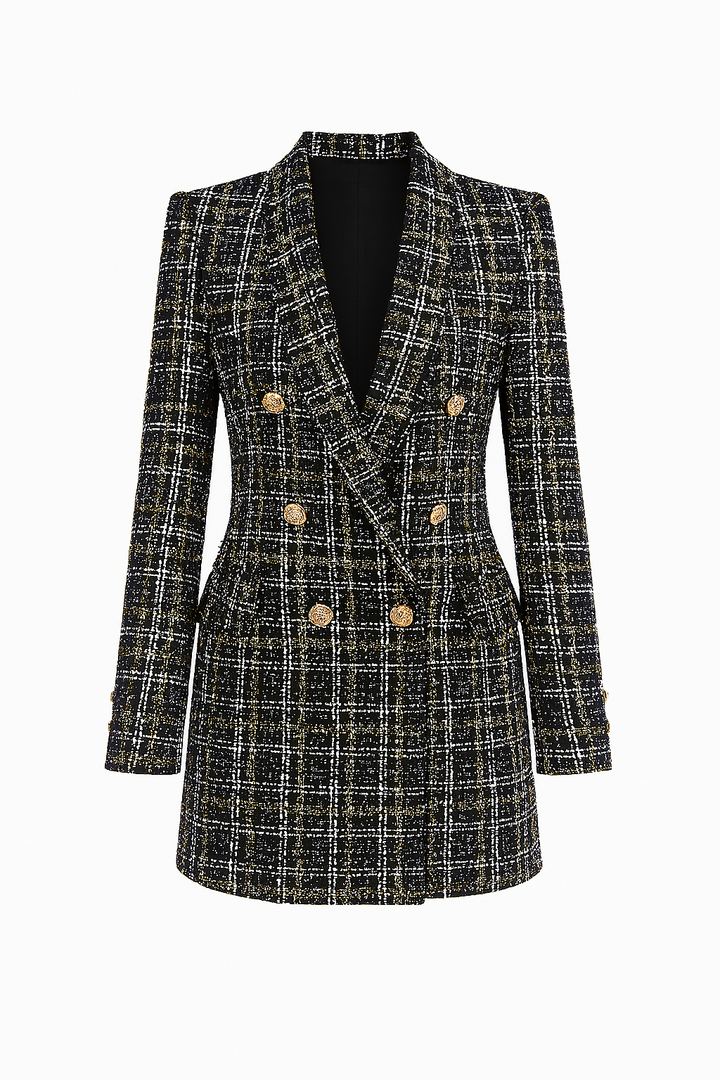 Długi Żakiet z Tkaniny Bouclé | Złote Guziki | Klasyczna Krata