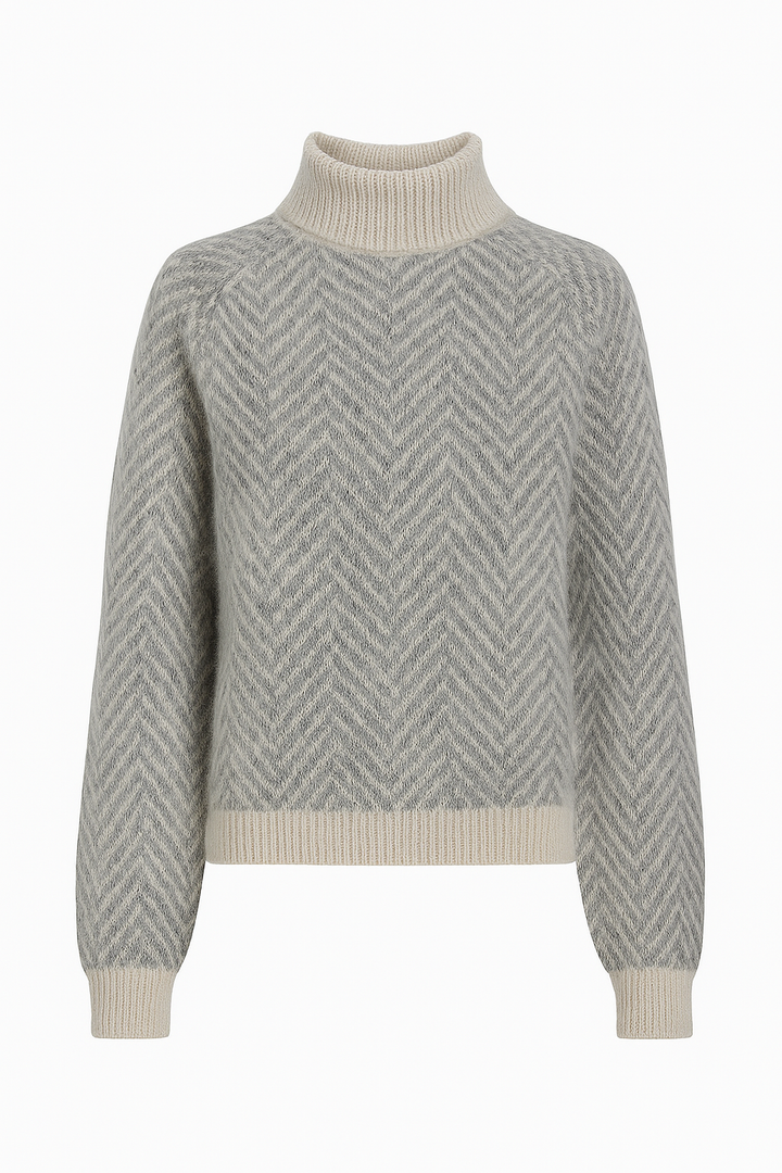 Sweter Dzianinowy w Jodełkę | Wysoki Dekolt | Miękki i Swobodny Fason