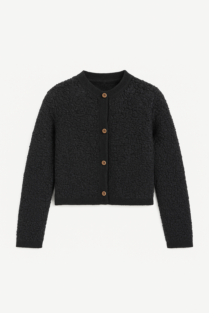 Kurtka z Miękkiej Dzianiny Bouclé | Złote Guziki | Lekka i Ciepła Warstwa na Co Dzień