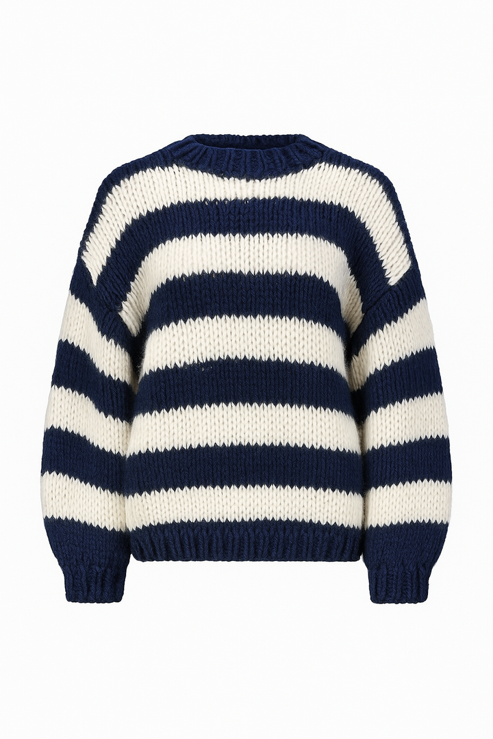 Sweter Dzianinowy w Szerokie Pasy | Miękki Splot | Luźny Krój z Obszernymi Rękawami