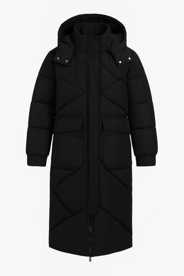 Długi Płaszcz Pikowany z Kapturem | Wypełnienie Syntetyczne | Komfort i Osłona na Zimę