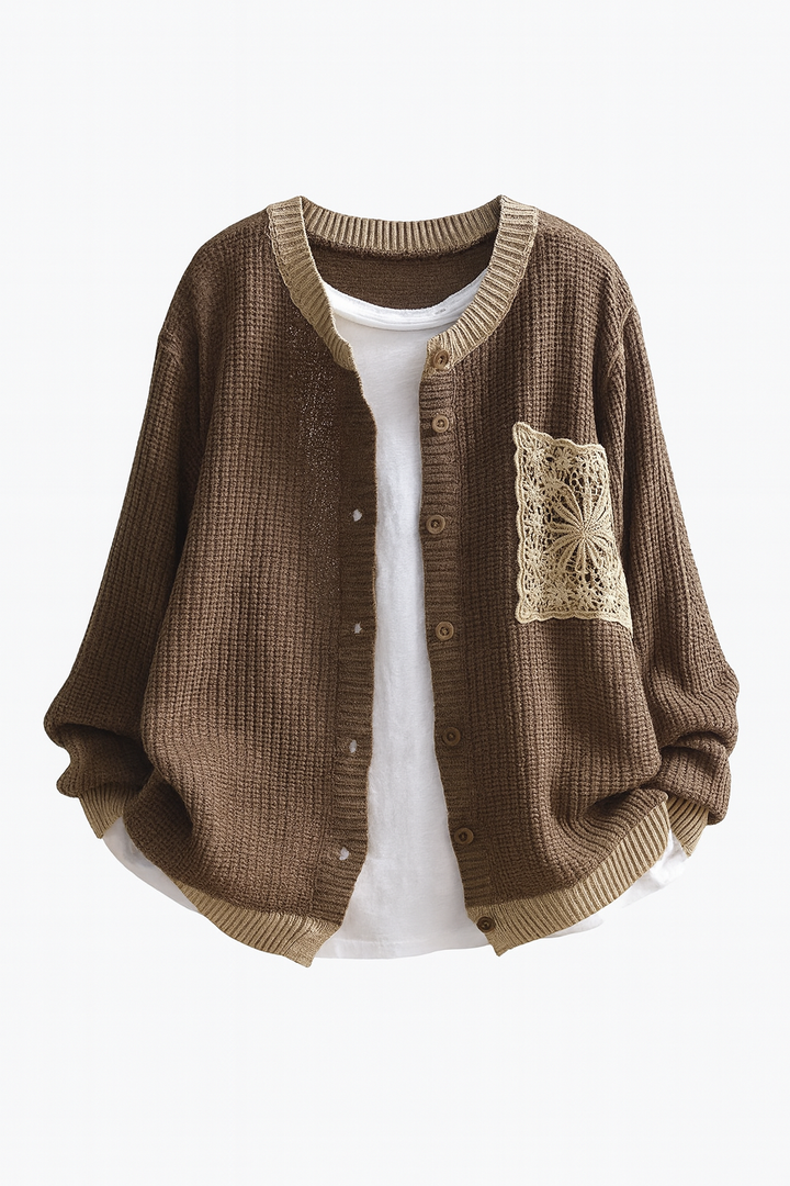 Kardigan Damski z Ażurową Kieszenią | Dzianina | Swobodny i Artystyczny Styl