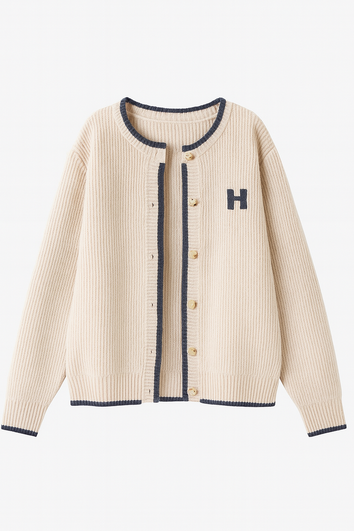 Kardigan Dzianinowy z Kontrastowym Wykończeniem | Luźny Krój | Haftowany Detal