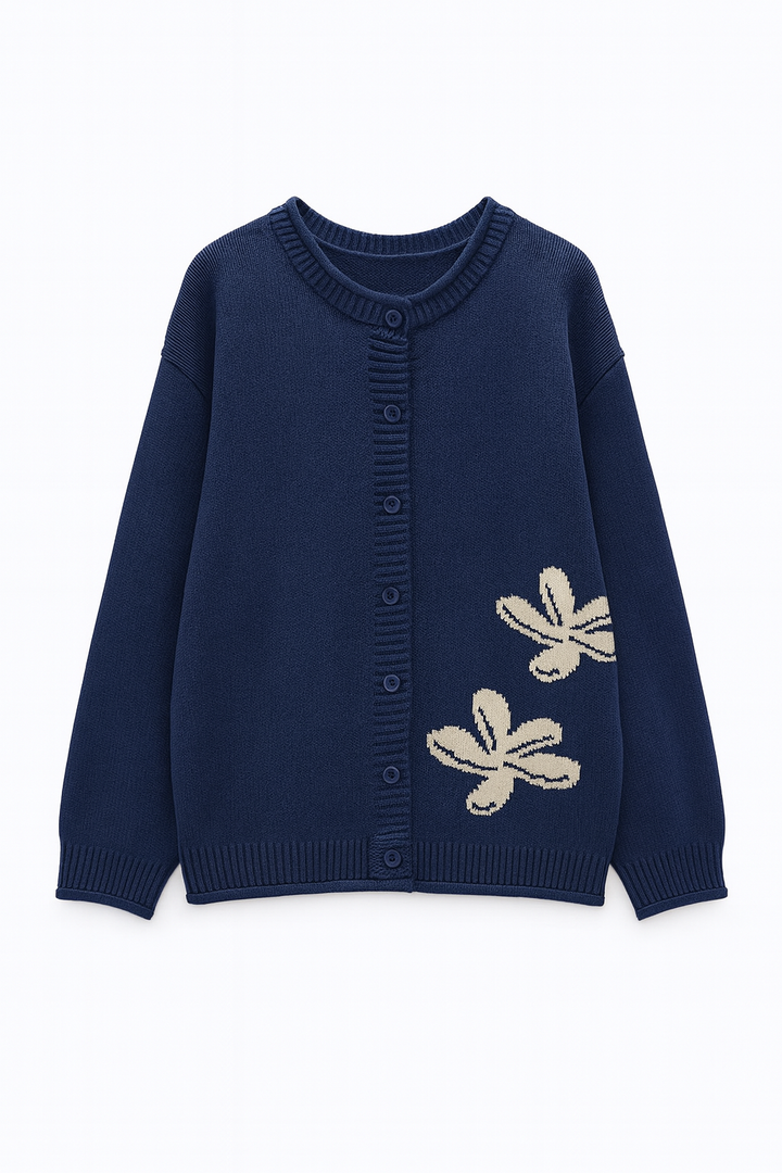 Kardigan Dzianinowy z Haftem Kwiatowym | Luźny Fason | Artystyczna Faktura