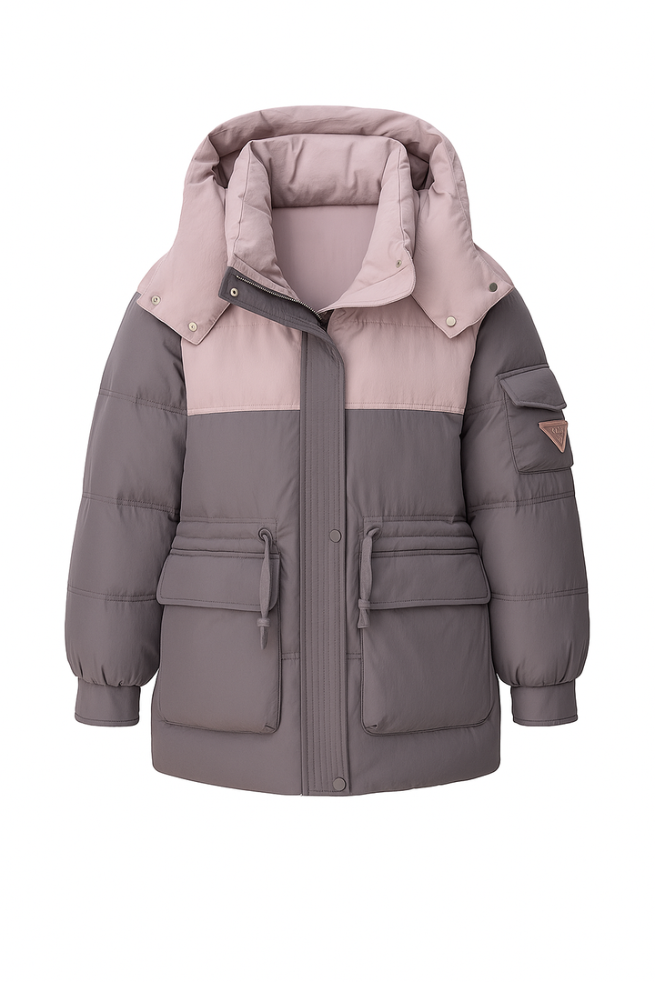 Pikowana Kurtka Dwukolorowa | Praktyczna i Ciepła | Z Kapturem i Kieszeniami