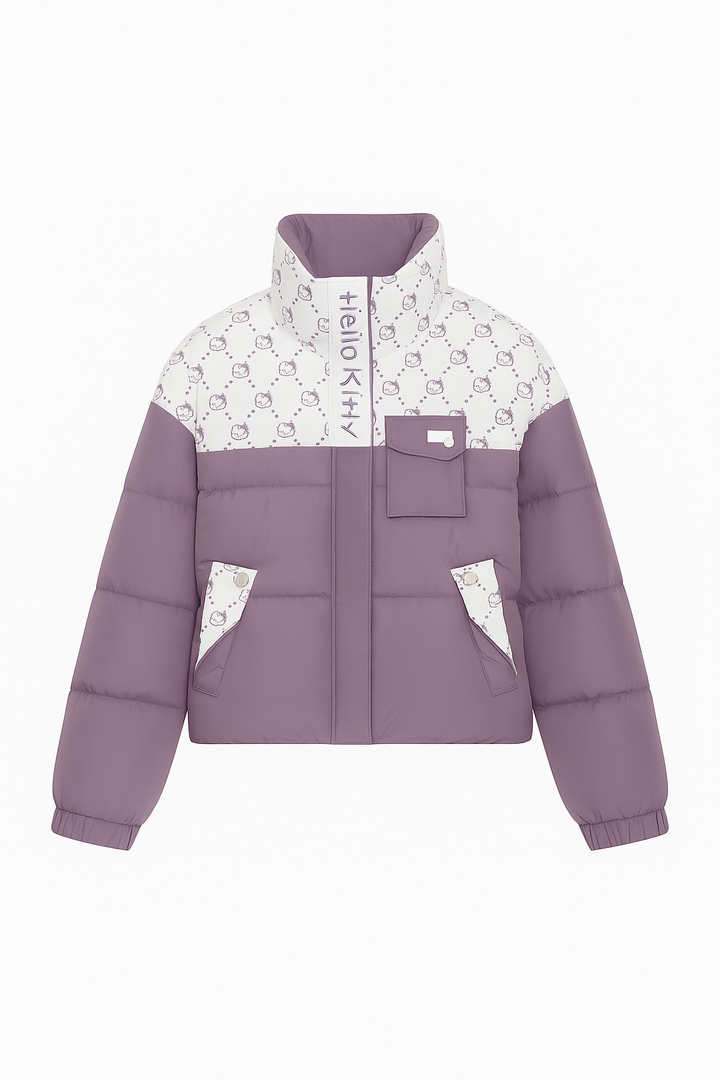 Pikowana Kurtka z Nadrukiem Postaci | Krótki Krój | Wzorzyste Detale i Stójka