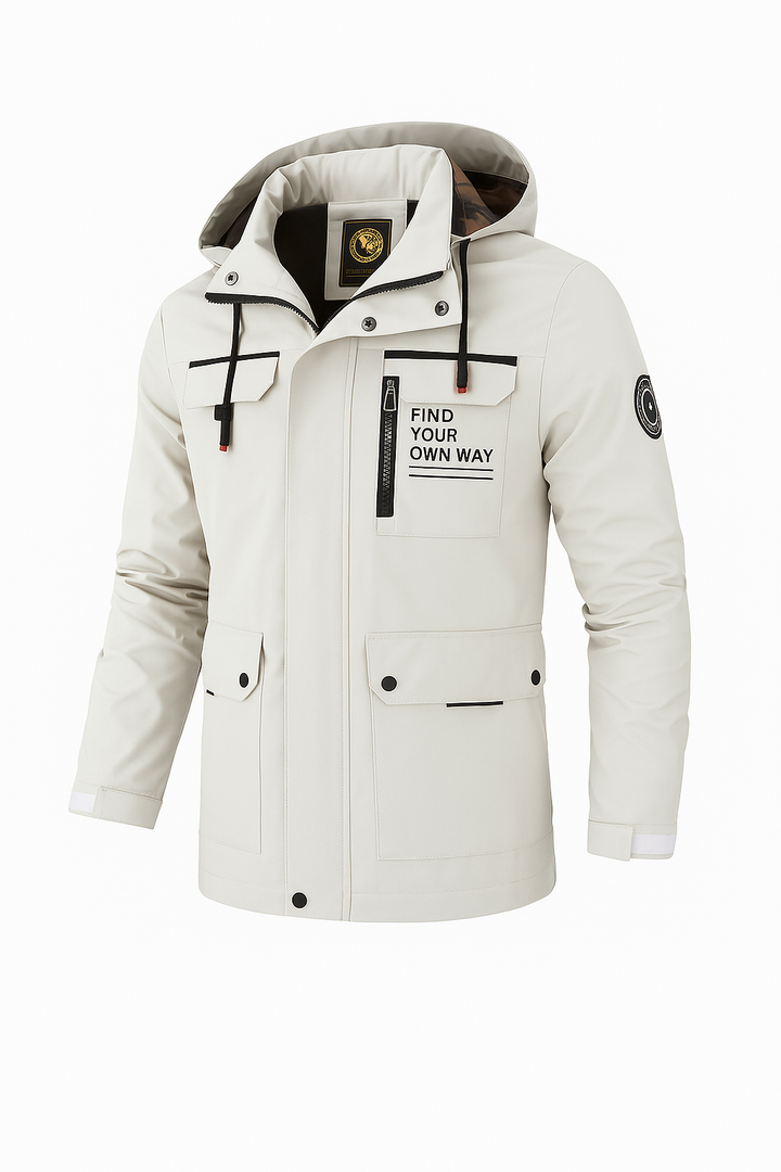 Męska Kurtka Outdoorowa z Kapturem | Wodoodporna i Wiatroszczelna | Kieszenie i Nadruk