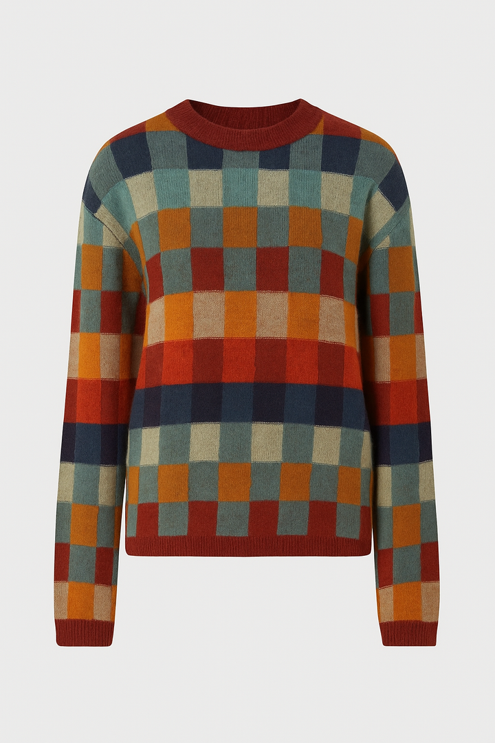 Dzianinowy Sweter w Kolorową Kratę | Luźny Krój | Miękka i Stylowa Warstwa