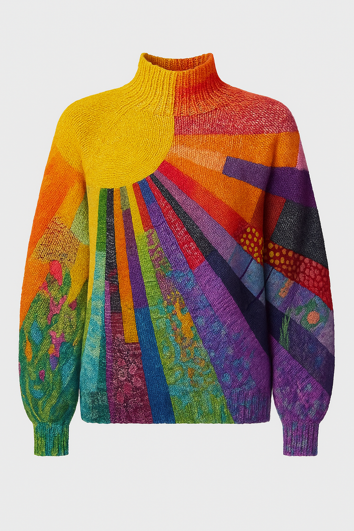 Sweter z Motywem Promieni | Artystyczny Styl | Miękka Dzianina i Wysoki Golf