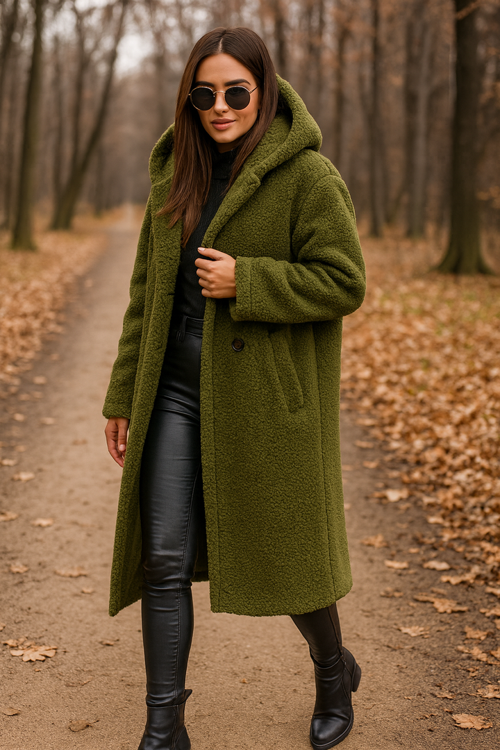 Długi Płaszcz Teddy z Kapturem | Miękki Materiał | Elegancki Fason