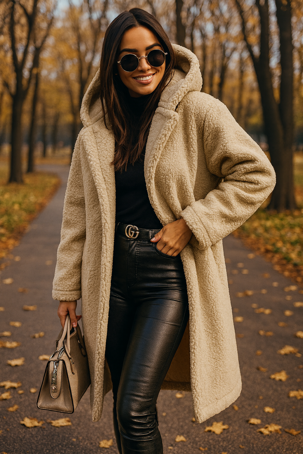 Długi Płaszcz Teddy z Kapturem | Miękki Materiał | Elegancki Fason