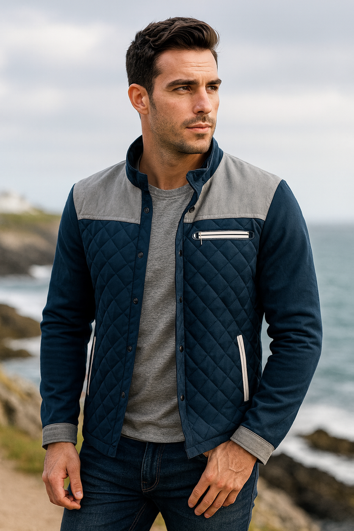 Męska Pikowana Kurtka Przejściowa | Kontrastowe Wstawki | Stójka | Styl Casual-Elegancki
