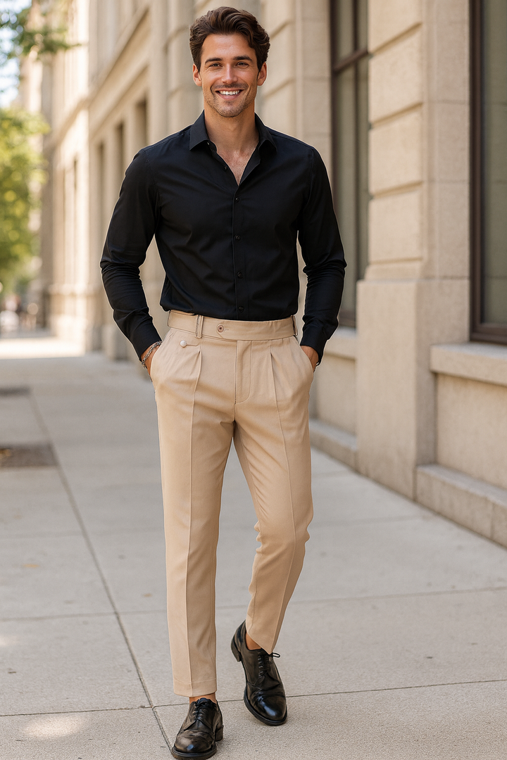 Męskie Spodnie Garniturowe z Zakładkami | Elegancki Zwężany Krój | Klasyczny Styl na Specjalne Okazje