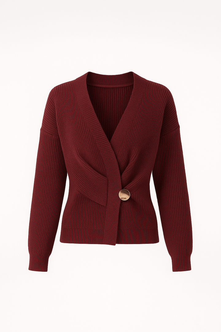 Sweter z Kopertowym Zapięciem | Dzianina o Strukturze Prążków | Stylowy z Ozdobnym Guzikiem