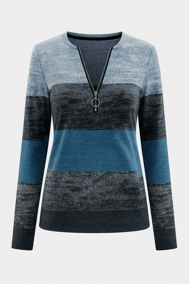 Bluzka z Długim Rękawem i Zamkiem | Cieniowany Wzór w Pasy | Styl Casual