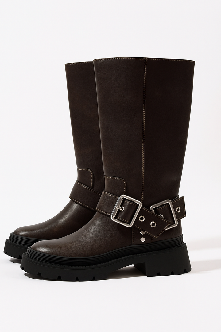 Kozaki za Kolano z Klamrą | Skórzane Wykończenie | Gruba Podeszwa