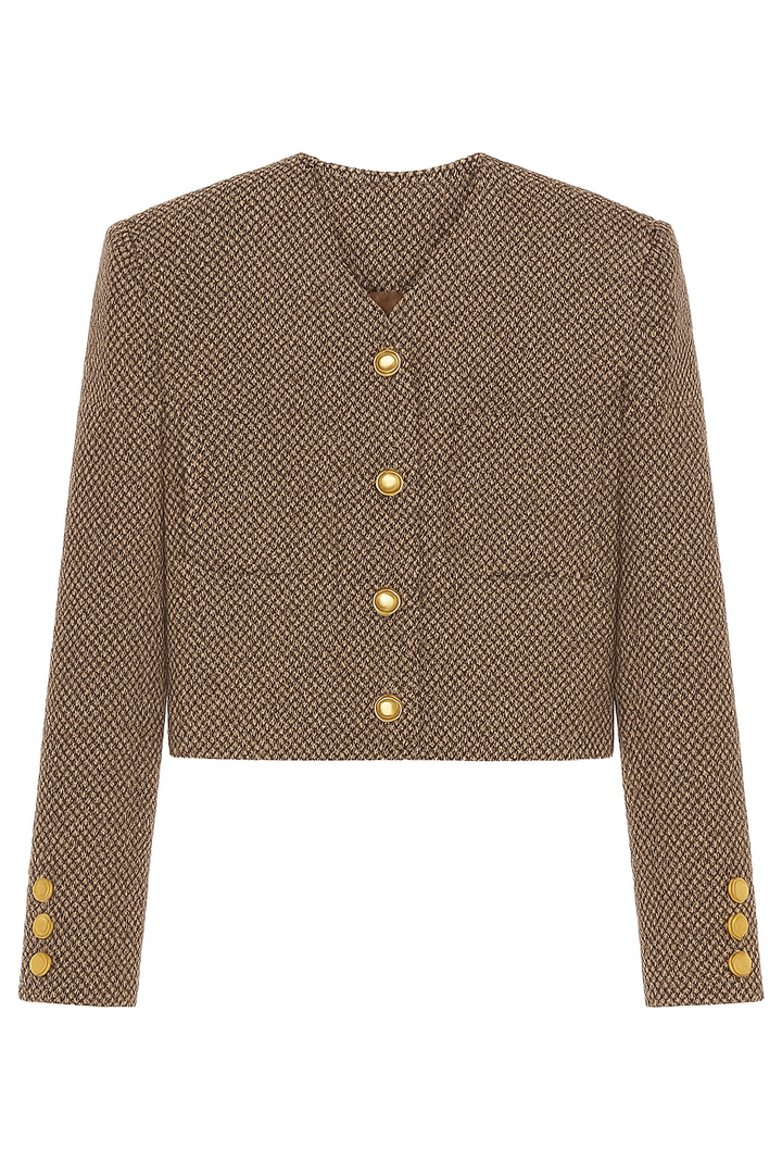 Krótsza Marynarka Damska | Strukturalna Tkanina | Złote Guziki