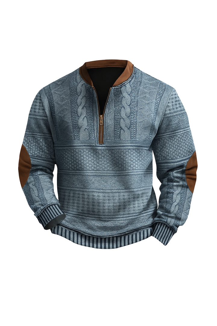 Sweter Męski z Warkoczowym Splotem | Zamek pod Szyją | Dzianina z Kontrastowymi Łatami