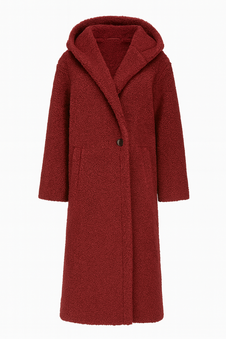 Długi Płaszcz Teddy z Kapturem | Miękki Materiał | Elegancki Fason