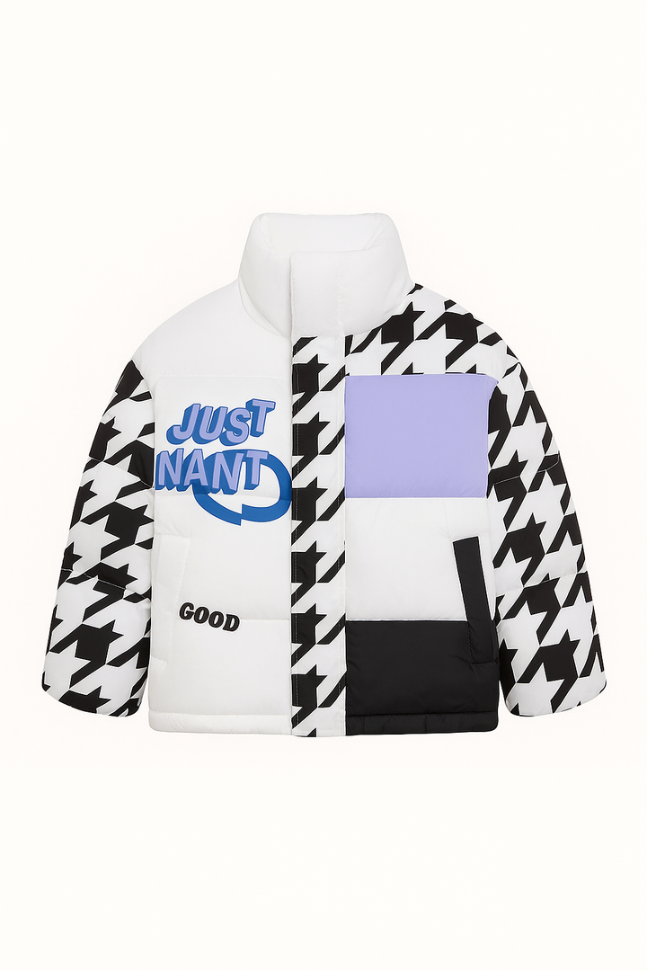 Dziecięca Kurtka Zimowa z Nadrukiem | Pikowana z Wysokim Kołnierzem | Kolorowy Patchwork