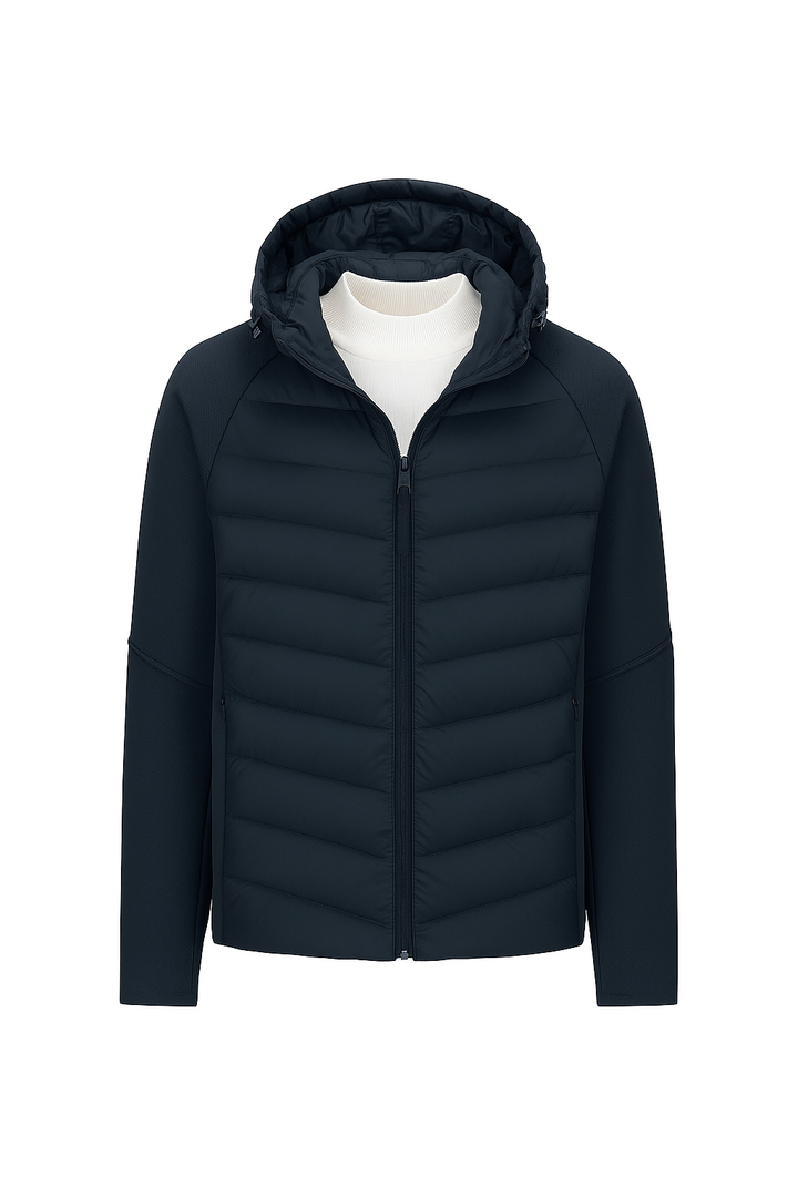 Męska Kurtka Hybrydowa z Kapturem | Pikowany Przód | Lekka i Funkcjonalna