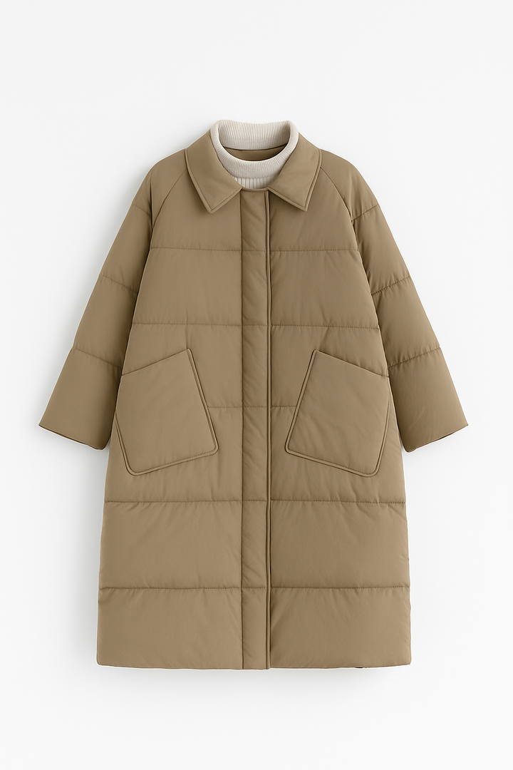 Długa Kurtka Pikowana | Luźny Krój Oversize | Duże Kieszenie | Na Chłodne Dni