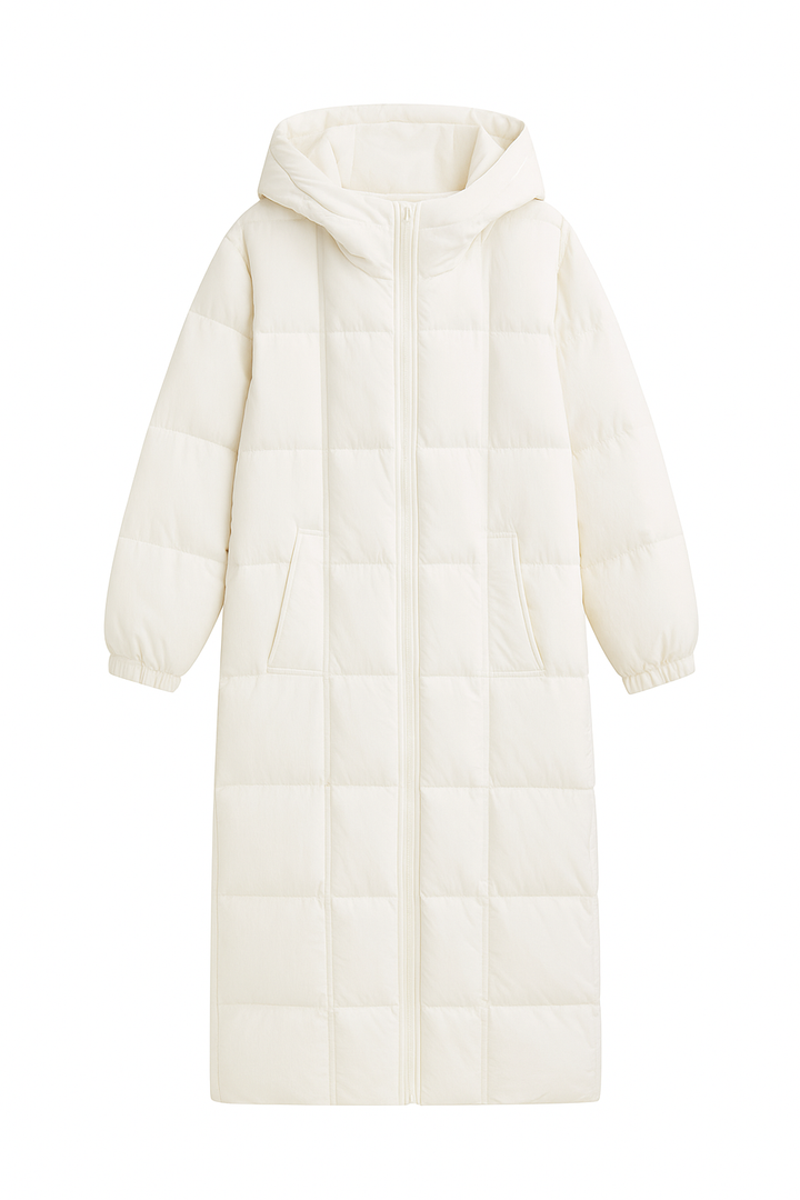 Długa Kurtka Pikowana z Kapturem | Minimalistyczny Krój | Lekka i Ocieplana | Idealna na Zimę