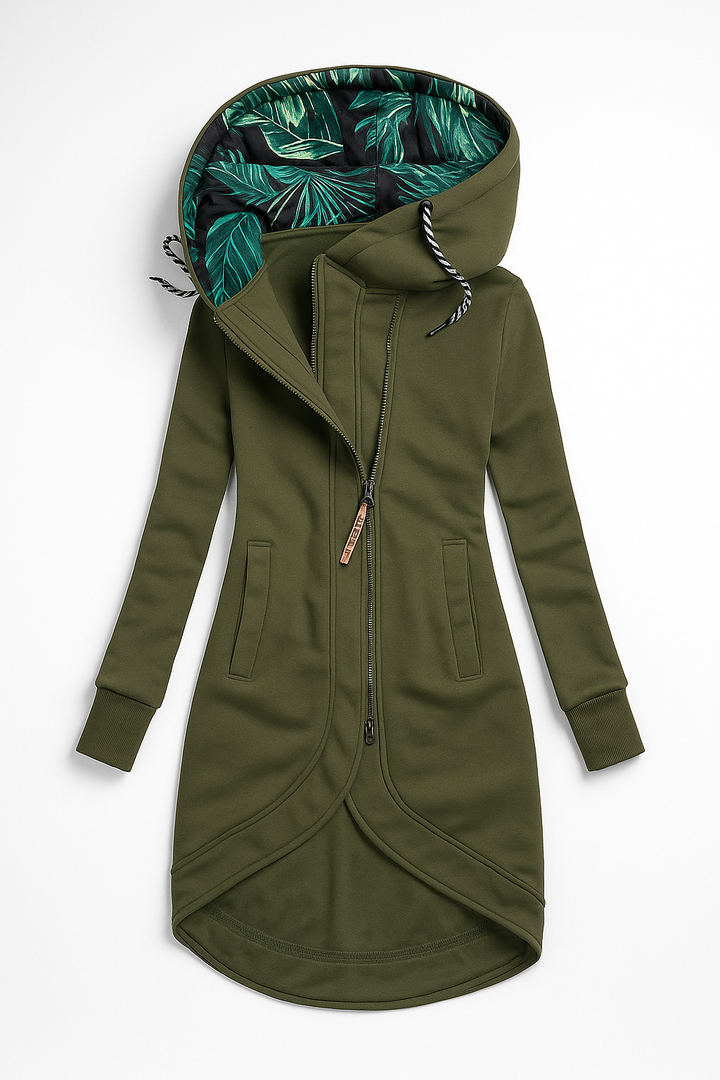Długa Bluza z Kapturem | Asymetryczny Krój | Wewnętrzny Tropikalny Motyw | Na Co Dzień