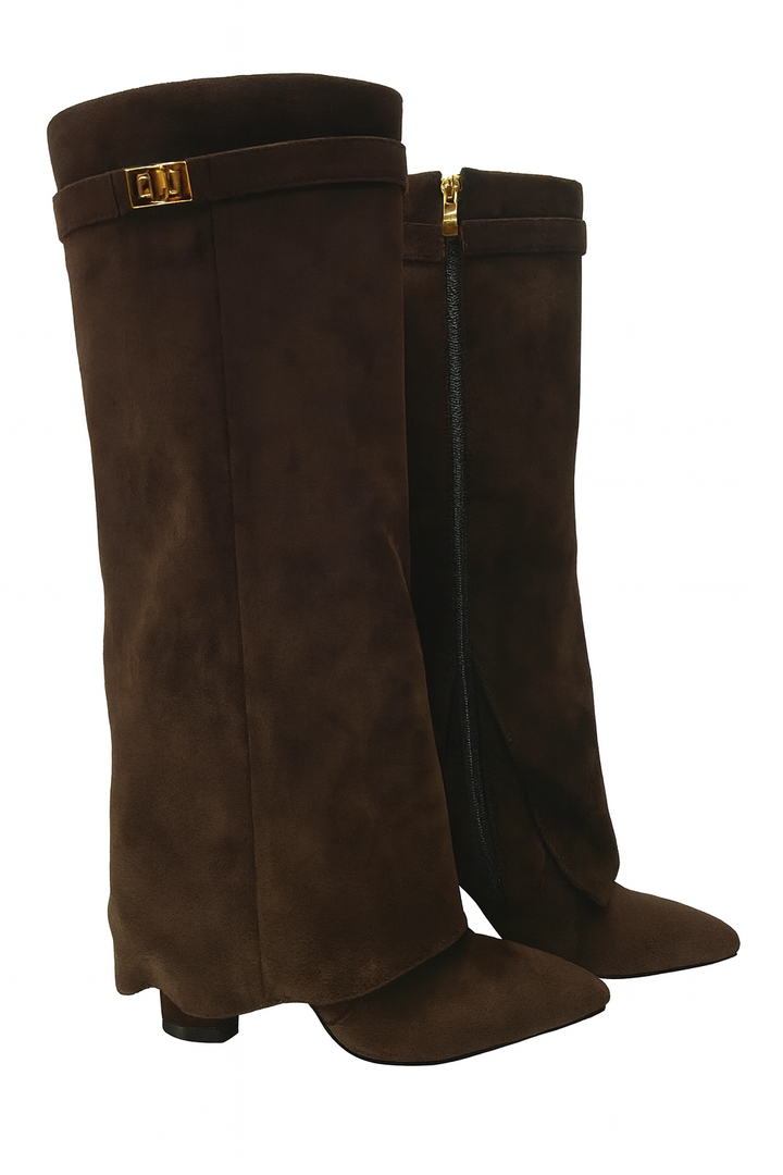 Kozaki Damskie z Szeroką Cholewką | Zamszowy Efekt | Szpiczasty Nosek | Nowoczesny Styl z Klamrą