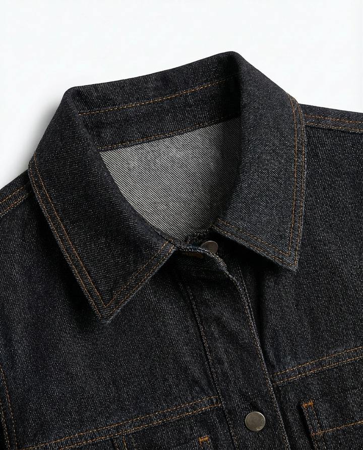 Komplet z Ciemnego Denimu | Koszula i Spodnie | Podkreślona Talia i Prosty Krój