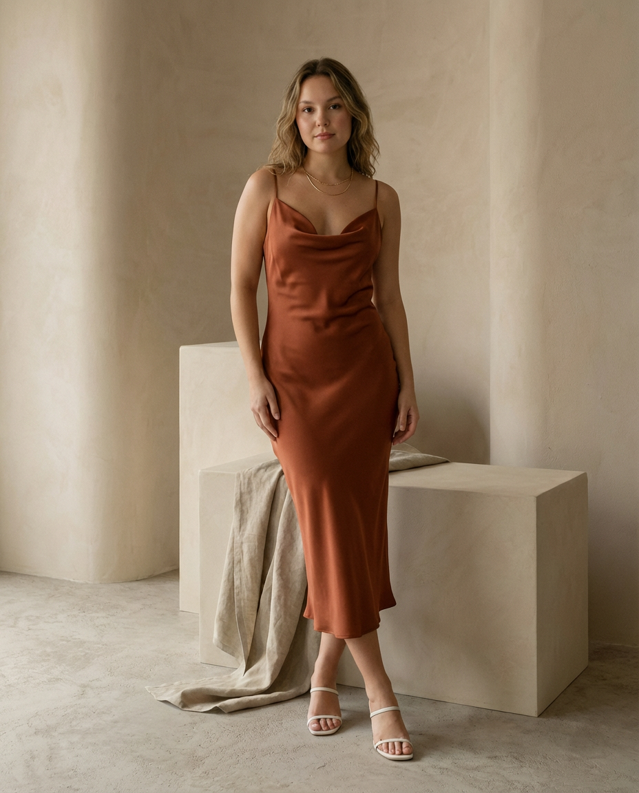 Sukienka Satynowa Maxi | Cienkie Ramiączka, Elegancka na Wesele - 3