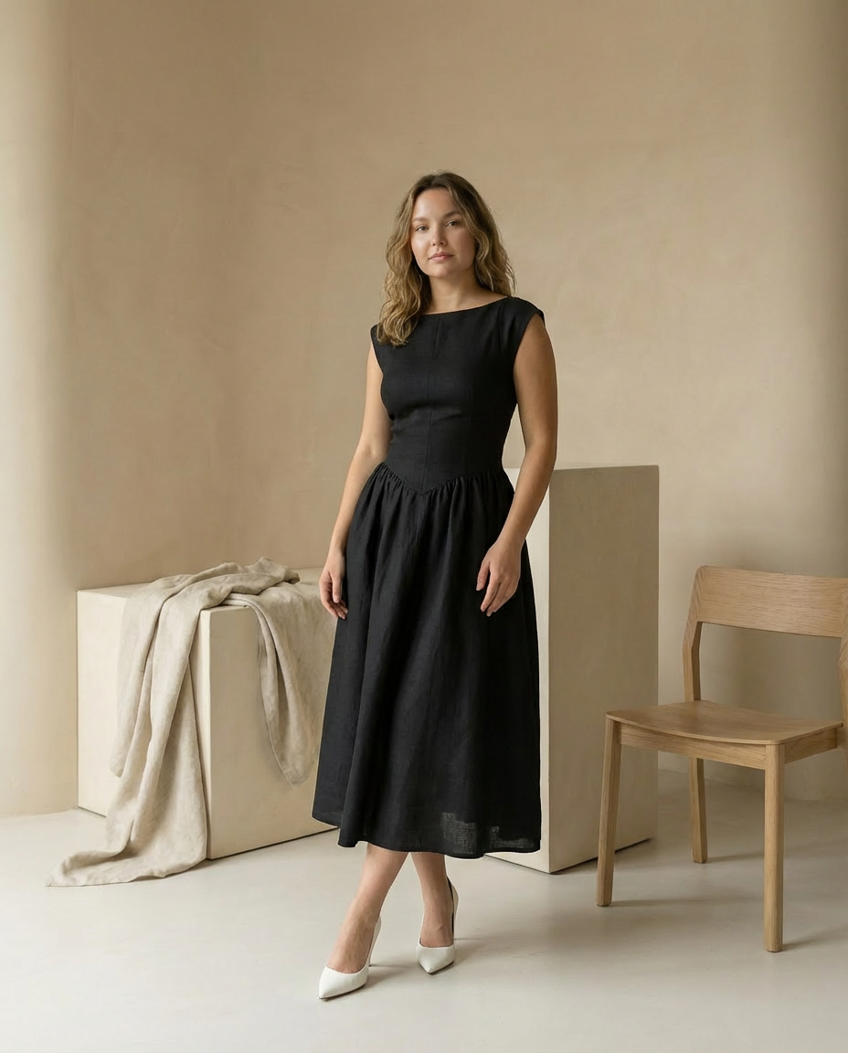 Sukienka Midi Damska Elegancka | Dopasowany Krój | Zwiewna Spódnica | Na Uroczystości