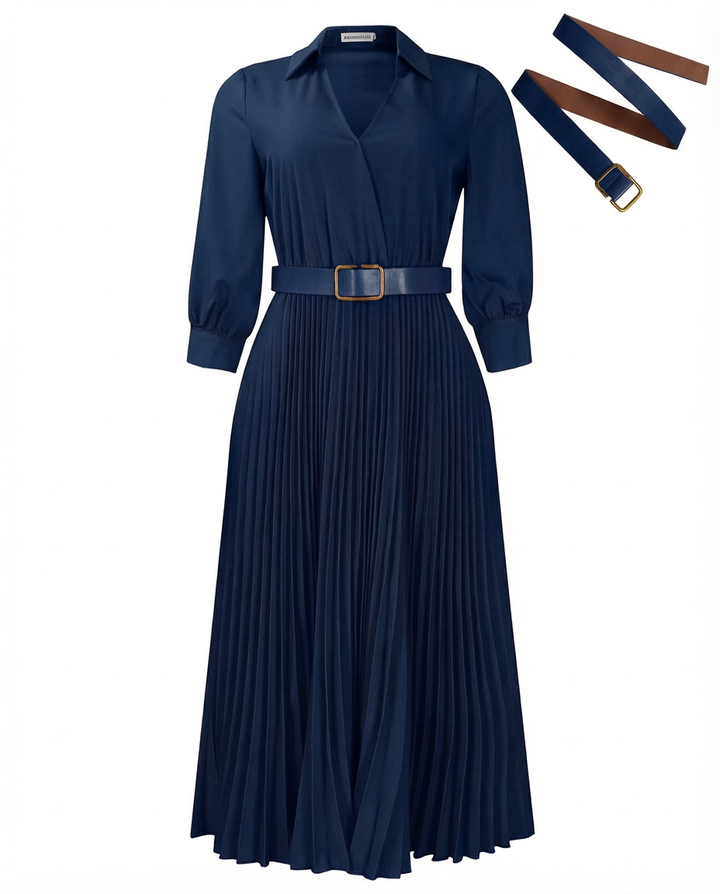 Sukienka Midi Elegancka | Dopasowany Krój | Dekolt w Kształcie V | Na Wiosnę i Lato