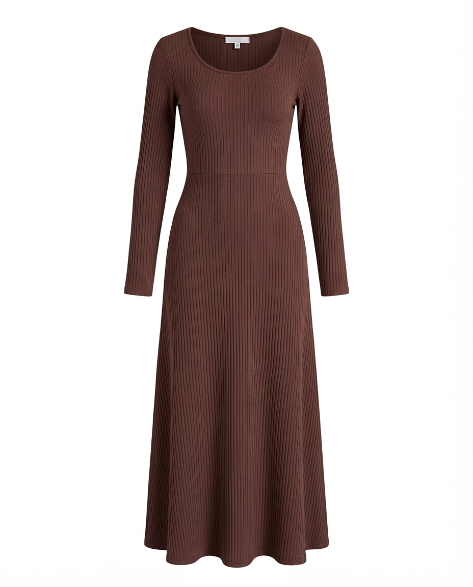 Sukienka Długa Prążkowana | Dopasowany Krój | Rozszerzane Rękawy | Na Co Dzień