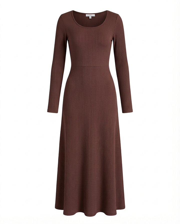 Sukienka Długa Prążkowana | Dopasowany Krój | Rozszerzane Rękawy | Na Co Dzień