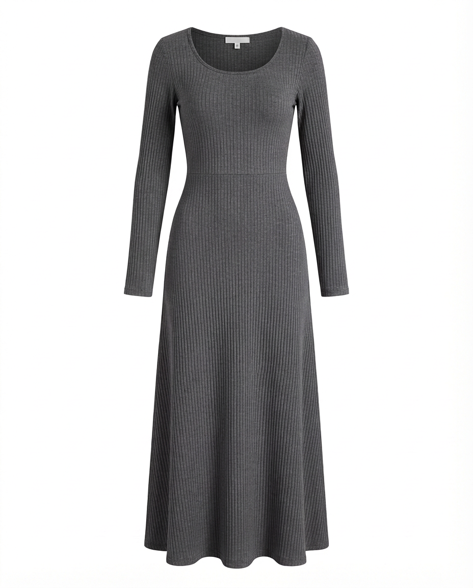 Sukienka Długa Prążkowana | Dopasowany Krój | Rozszerzane Rękawy | Na Co Dzień