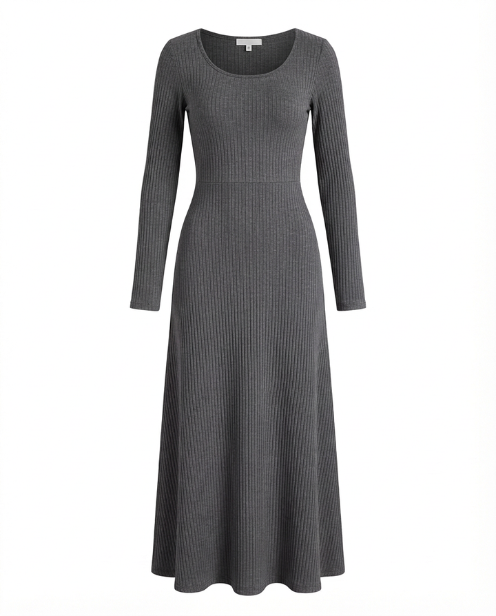 Sukienka Długa Prążkowana | Dopasowany Krój | Rozszerzane Rękawy | Na Co Dzień