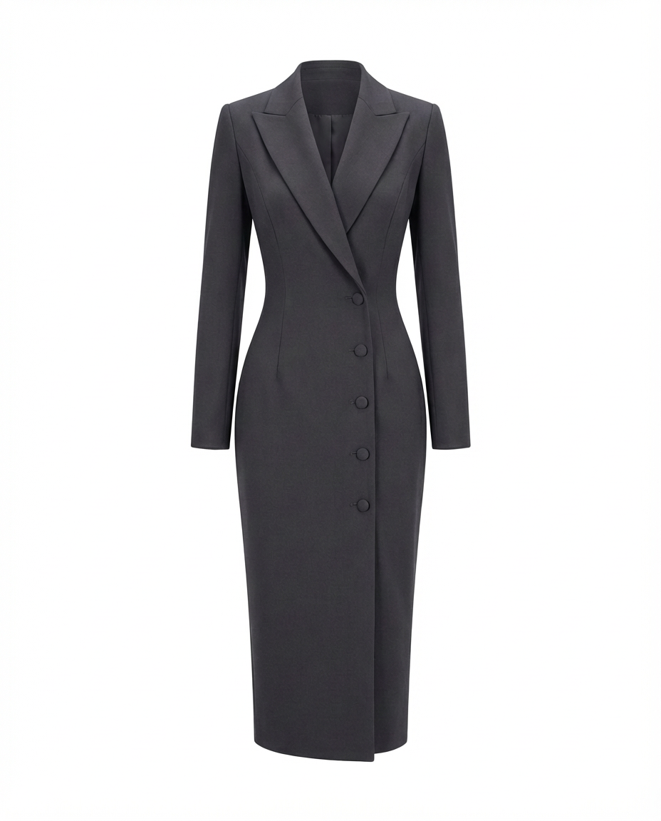 Sukienka Damska Midi Elegancka | Dopasowany Krój | Klapy i Guziki | Na Co Dzień i Do Pracy