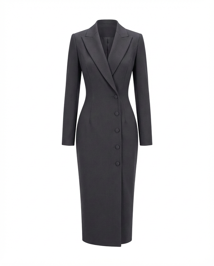 Sukienka Damska Midi Elegancka | Dopasowany Krój | Klapy i Guziki | Na Co Dzień i Do Pracy