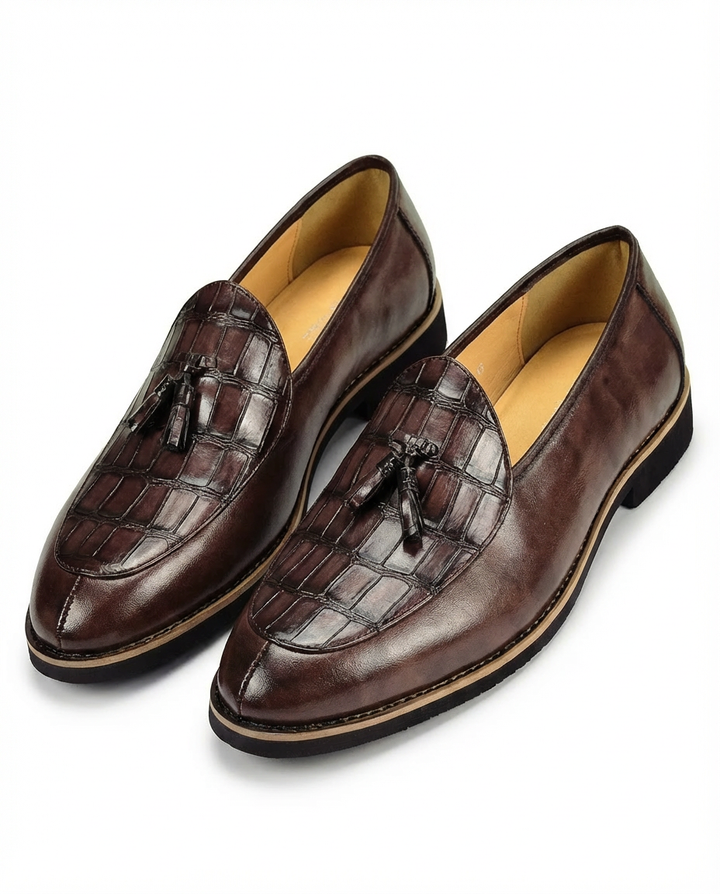 Mokasyny męskie skórzane | Klasyczny krój | Frędzle i wytłoczony wzór | Na co dzień