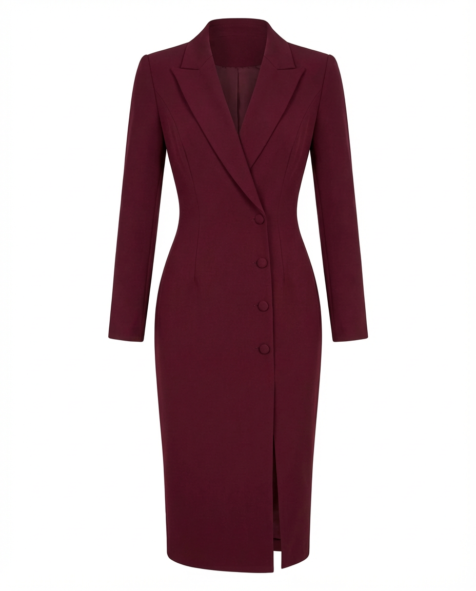 Sukienka Damska Midi Elegancka | Dopasowany Krój | Klapy i Guziki | Na Co Dzień i Do Pracy