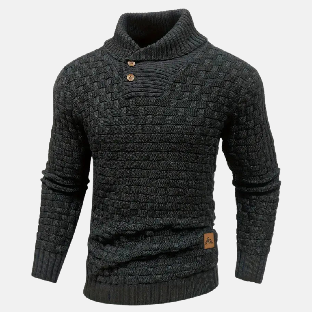 Sweter z Kołnierzem Szalowym | Dzianina Koszykowa | Guziki Dekoracyjne | Styl Casual z Charakterem